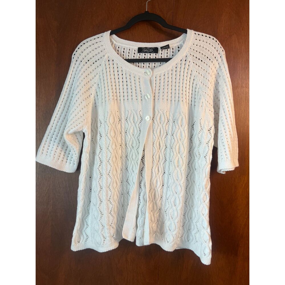 Crystal Kobe Cotton Pointelle Knit Open Work Cardigan White Cape Style XL Preppy